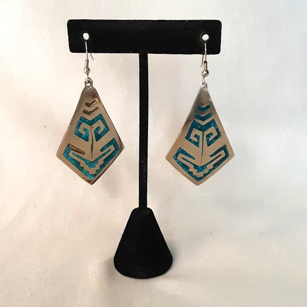 💎Dangle Drop Earrings Aztec Style Blue Stone Inlay On Silver Tone Metal